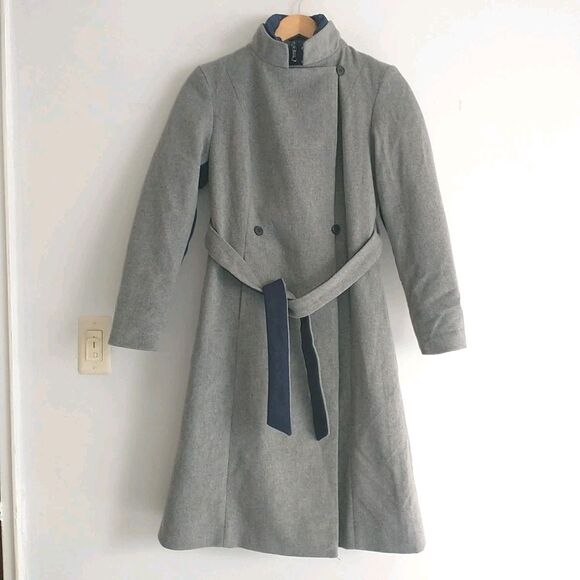 Brooks Brothers 2in1 Pea Coat Women S Gray Wool Blend Belt Hood Double Breasted - Picture 1 of 13